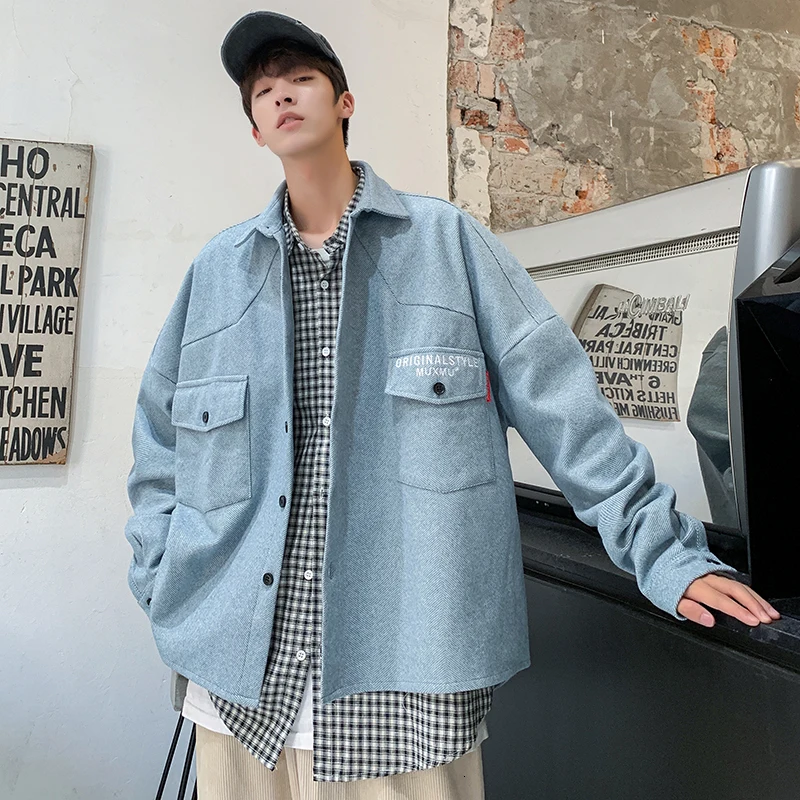 Autumn New Woolen Jacket Men Fashion Solid Color Casual Woolen Coat Man Streetwear Wild Loose Jackets Male Clothes M-2XL