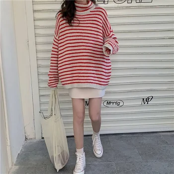 

Turtleneck Women Sweater Casual Long Sleeve Women's Sweater Striped Loose Knit Sweater Women Winter 2019