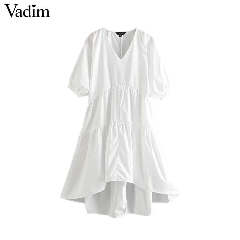 

Vadim women stylish oversized white mini dress V neck three quarter sleeve pleated irregular female loose chic dresses QC771