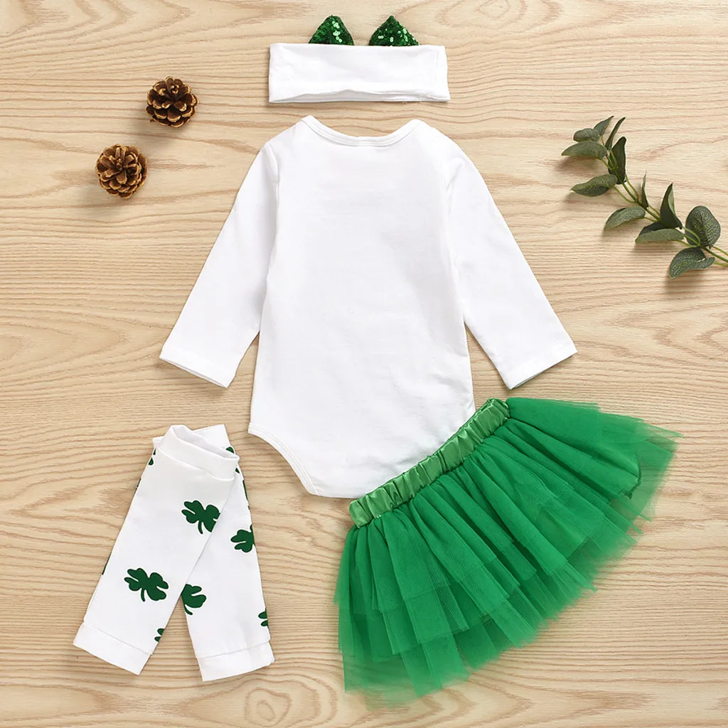 Одежда для новорожденных девочек Комбинезон с надписью «My First St. Patrick's Day»+ кружевная юбка-пачка+ гетры+ повязка на голову