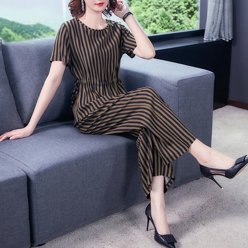 

Модные женские костюмы, летняя одежда, хлопковая футболка в полоску с принтом и брюки с широкими штанинами, комплект из 2 предметов для женщин 4XL K267