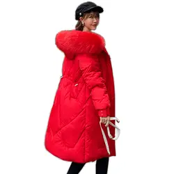 2019 модная женская зимняя куртка негабаритная с меховым капюшоном женская зимняя парка длинная теплая утепленная два больших кармана