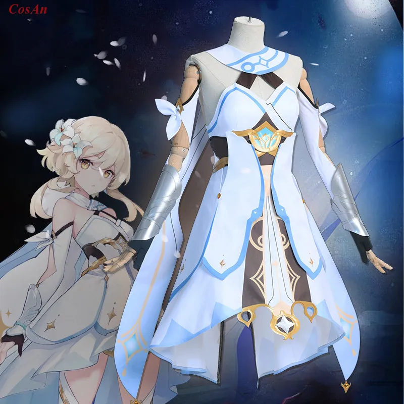 

Hot Game Genshin Impact Lumine Cosplay Costume Fashion White Combat Dress Femal Halloween Party Role Play Clothing XS-XL