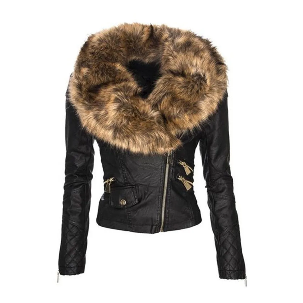 

Warmness Women Faux Fur Leather Jacket Women Hood Winter Autumn 2019 Gothic Motorcycle Jackets Black Outerwear PU Outwear Coat