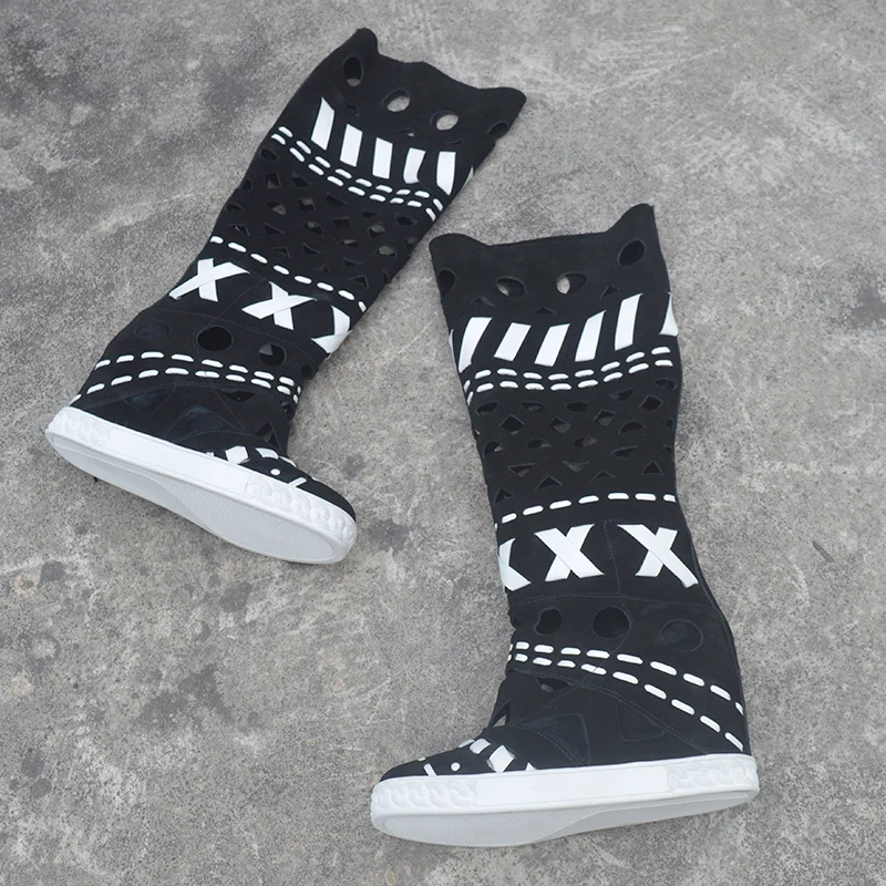 Black White Suede Cross Braided Patchwork Boots Woman 8cm Inner Increased Wedge Heel Knee Boots Geometric Cutout Roman Botas