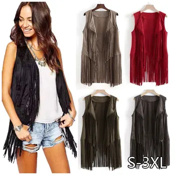 

Waistcoat Jacket Women Autumn Spring Ethnic Sleeveless Tassels Fringed Vest Cardigan Retro Faux Suede Tassel Vest Female