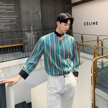 

Male Streetwear Hip Hop Fashion Loose Shirt Man Small Designer Striped Lace Up 3/4 Sleeve Men's Shirts Hombre 2020