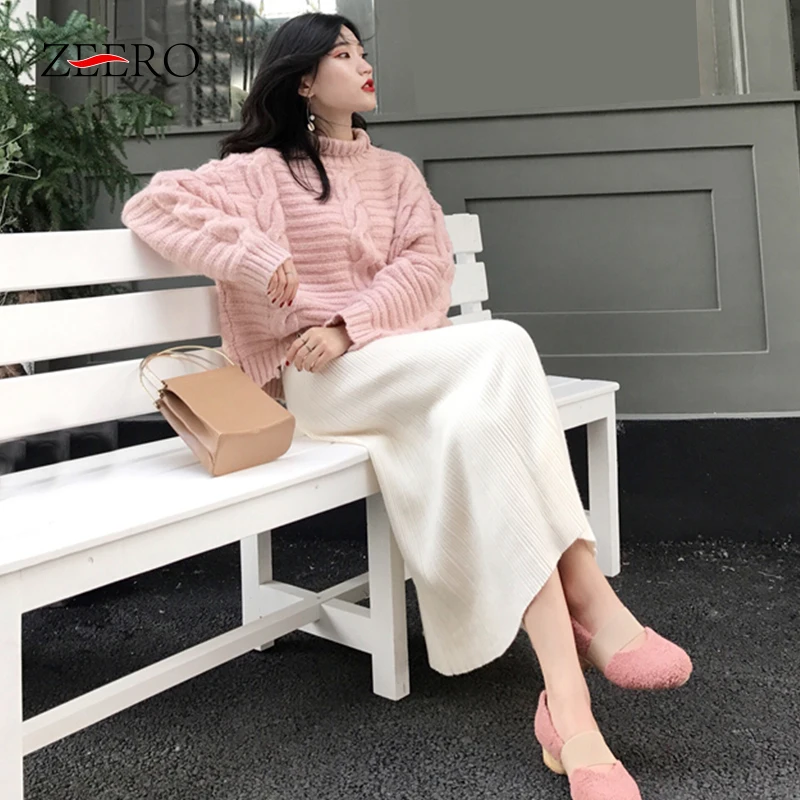 Pink Set Корейский зимний женский комплект из 2 предметов, свитер, водолазка, Свободный пуловер+ эластичная белая длинная трикотажная юбка, костюм, наборы - Цвет: Pink Set