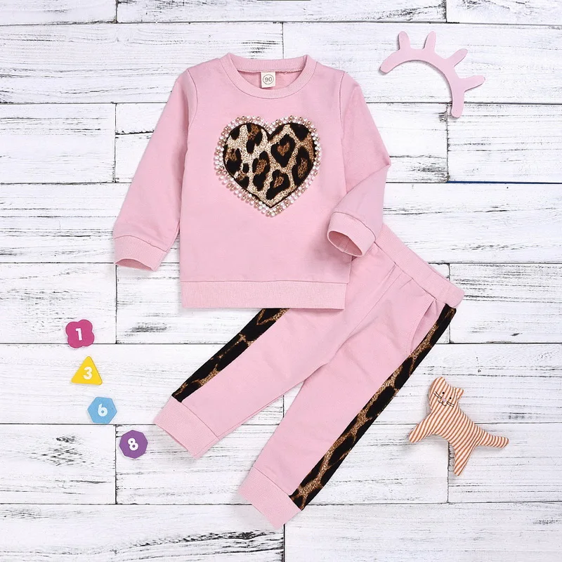 

LOOZYKIT 2020 Autumn Toddler Kid Baby Girl Winter Clothes Leopard Heart Long Sleeves Tops Long Pants Outfit Tracksuit Pink Set