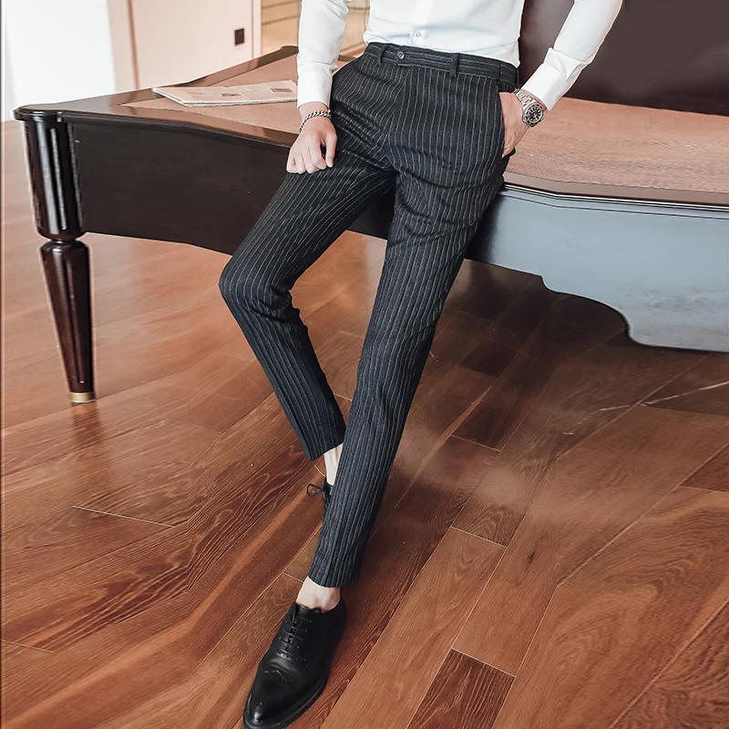 Fashion Men Dress Pants Dark Blue Gray Dark Gray Slim Fit Male Business Pants Size 29 30 31 32 34 36 38 40 Men Suit Trousers