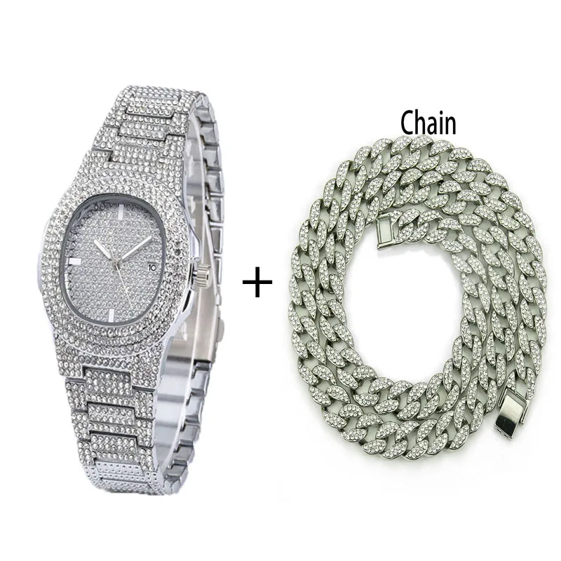 Silver Watch Chain Хип-хоп для мужчин и женщин серебряная и золотая цепочка/ожерелье+ часы с кубинской цепочкой с золотым покрытием, проложенные Стразы CZ, ювелирные изделия - Окраска металла: Silver Watch Chain