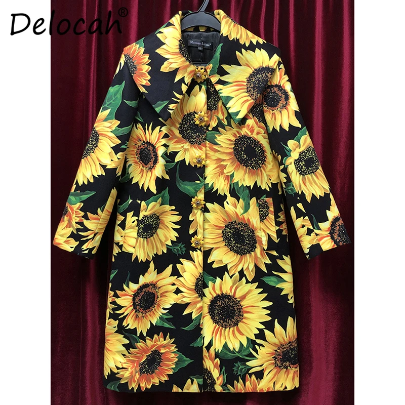 Многоцветный Delocah, осенне-зимнее женское пальто, подиум, модный дизайн, длинный рукав, Подсолнух, цветочный принт, элегантное, тонкое, теплое, Женское пальто - Цвет: Многоцветный