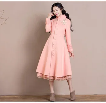 

New Spring Autumn Medium-long Long Sleeve Vintage Female Overcoat Elegant Stand Collar Single Breasted Embroidery Woolen Coats