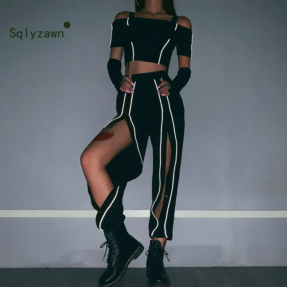 

Side Split Button Harem Pants Women Full Length Loose Autumn High Waist Patchwork Reflective Stripes Trousers Femme Streetwear