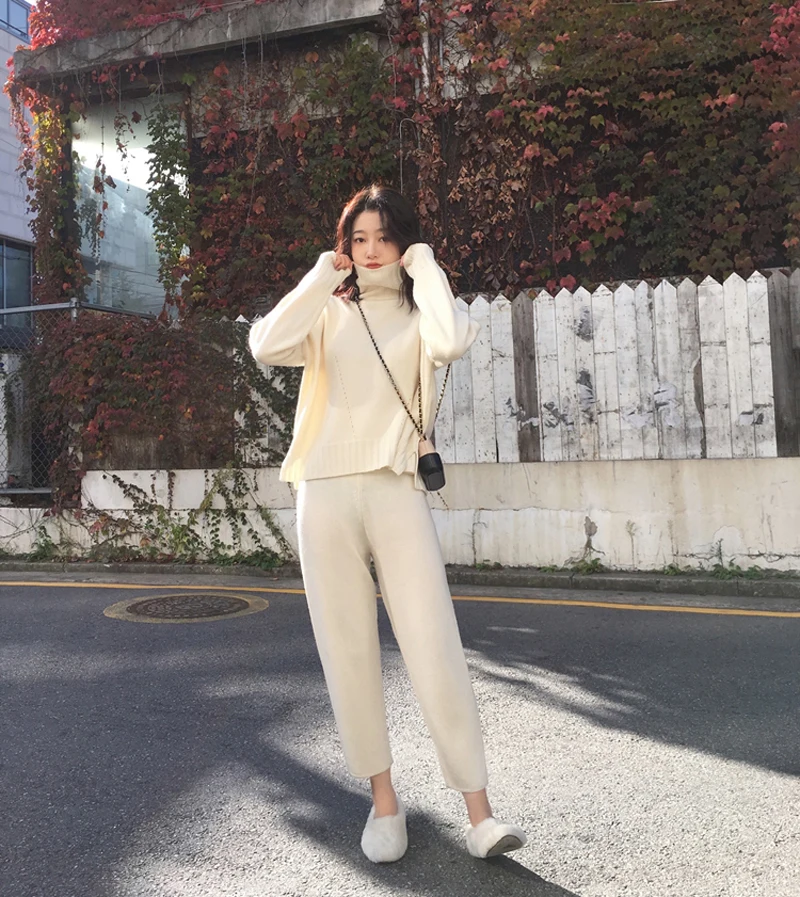 Casual Sweater Pants Knitted 2 Pieces Set Turtleneck Pullovers& Elastic Waist Pants Women Sweater Sets Autumn Knitted Set