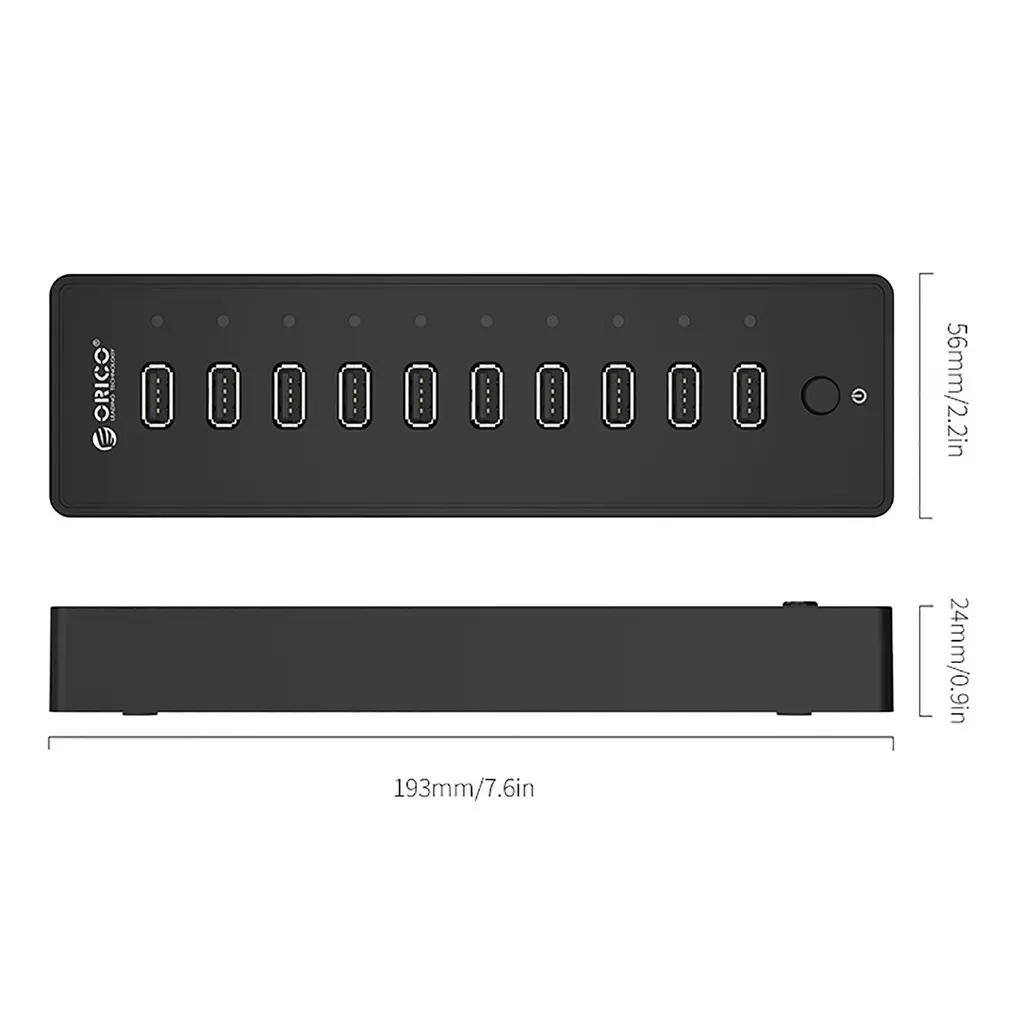 ORICO 10 портов USB 2,0 концентратор 12 в А источник питания огнеупорный ABS для ПК Mac ноутбука черный