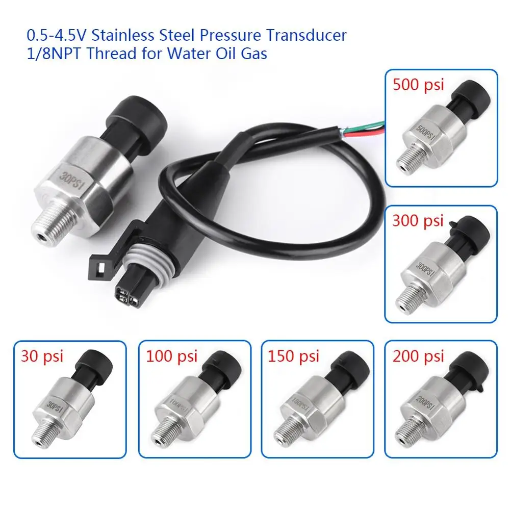 DC 5V 1/8NPT Pressure Transducer Transmitte Sensor Thread Sender Sensor for Oil Water Stainless Steel 30/100/150/200/300/500 psi pressure sensor