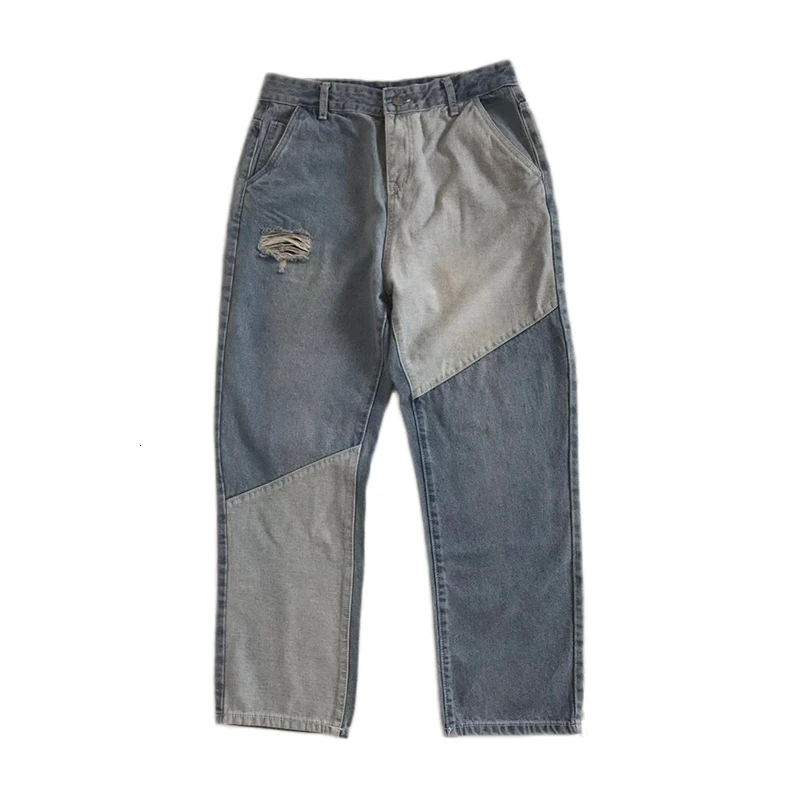 Осенние мужские джинсы, модные повседневные джинсовые брюки контрастного цвета, мужские уличные свободные джинсы прямого кроя в стиле хип-хоп