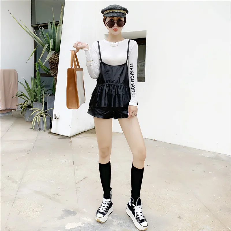 Genuine Leather Camis Black Minimalist Ruffles Hem Sleeveless Strap Sheepskin Tops Women Autumn Winter Casual Solid Top Shirts