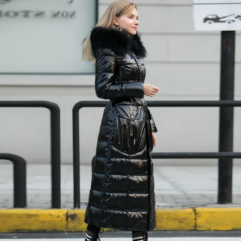 

2020 Women's Winter Down Jacket Long Coat Large Raccoon Fur Collar 90% White Duck Down Coat Slim High-end Warm Parka KJ2737