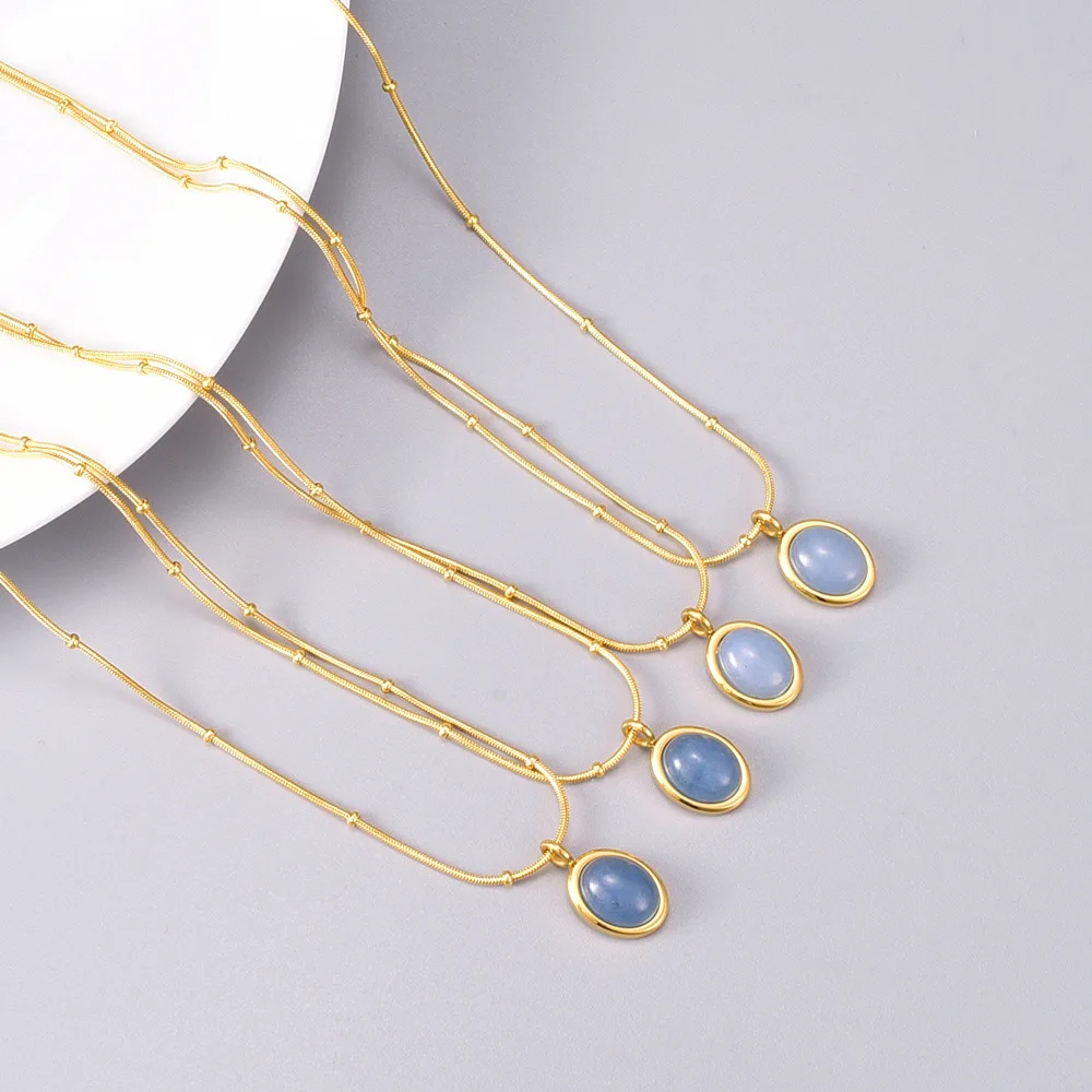K1Star Sea Blue Oval Sea Blue Treasure Necklace Collarbone Chain Titanium Steel Gold Plated
