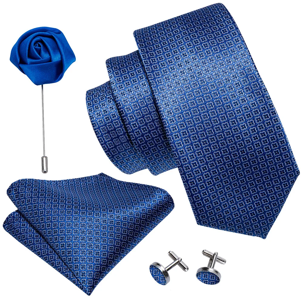 Barry.Wang Desingers Blue Floral Silk Men Tie set Handkerchief Cufflinks Brooch Neck Ties For Men Wedding Gifts Dropshipping