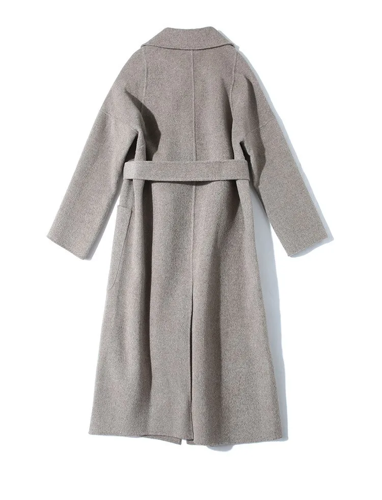 Двухстороннее кашемировое пальто для женщин, высокое качество, весна-осень, длинный шерстяной Тренч, двухстороннее твидовое пальто на шнуровке, длинное пальто