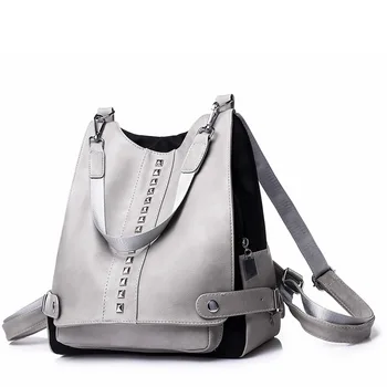 

2019 new Pu Student Backpack rivet multi function single shoulder backpack solid color fashion simple travel bag Women Zipper