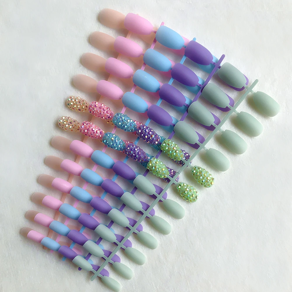 Темно-красное вино матовый розовый пресс на ногтях Bling crystal Nail Art заостренный фиолетовый ложный стилет ногтей обнаженная кожа с наклейками 24 шт