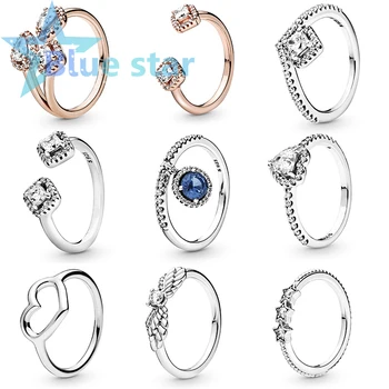 

Blue Star 100% Sterling Silver pandoras 2019 winter Geometric Shapes Ring Blue Round Angel Wing Stackable Ring