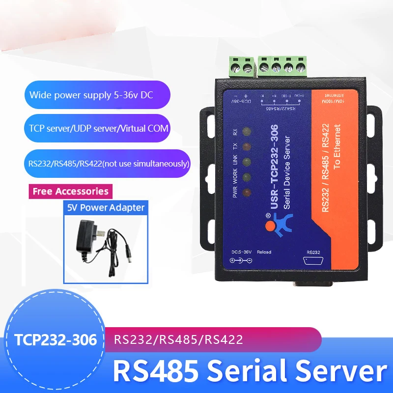 USR-TCP232-306 промышленный последовательный порт RS232/RS485/RS422 к Ethernet TCP/IP серверному