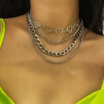 

IngeSight.Z 4Pcs/Set Punk Multi Layer Sweet Love Heart Choker Necklace Retro Chunky Curb Cuban Chain Necklace for Women Jewelry