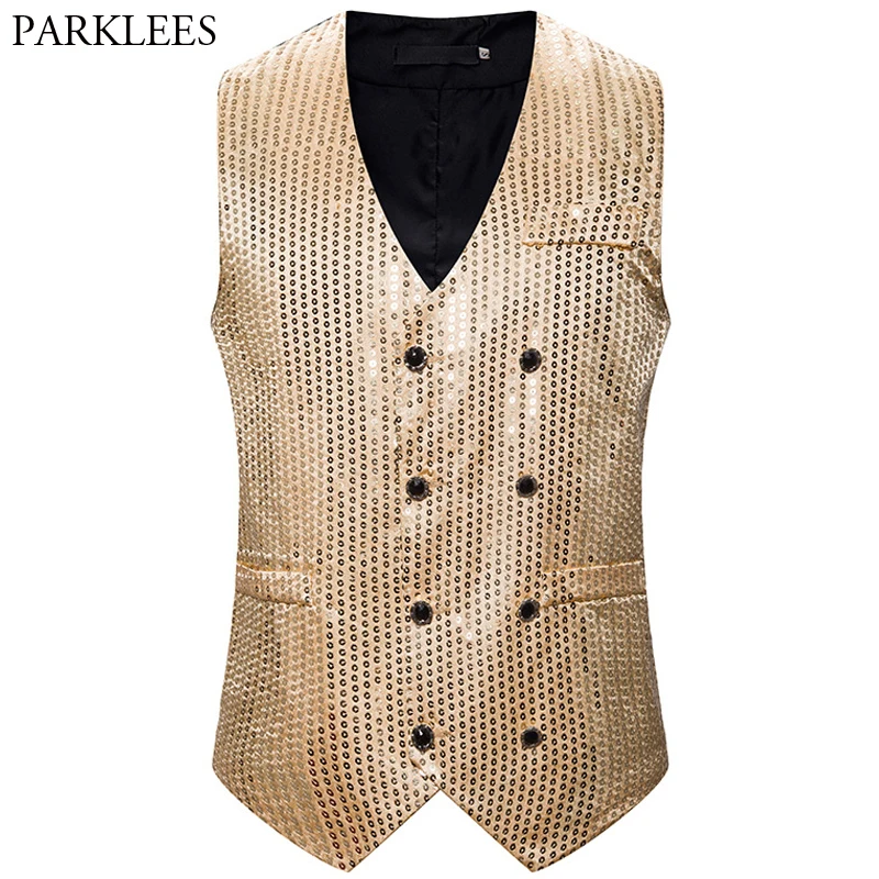 Mens Shiny Glitter Vest Double-breasted Sequin Men Vest Casual Wedding Nightclub Dance Men Gilet Party Mens Dress Vests Hombre
