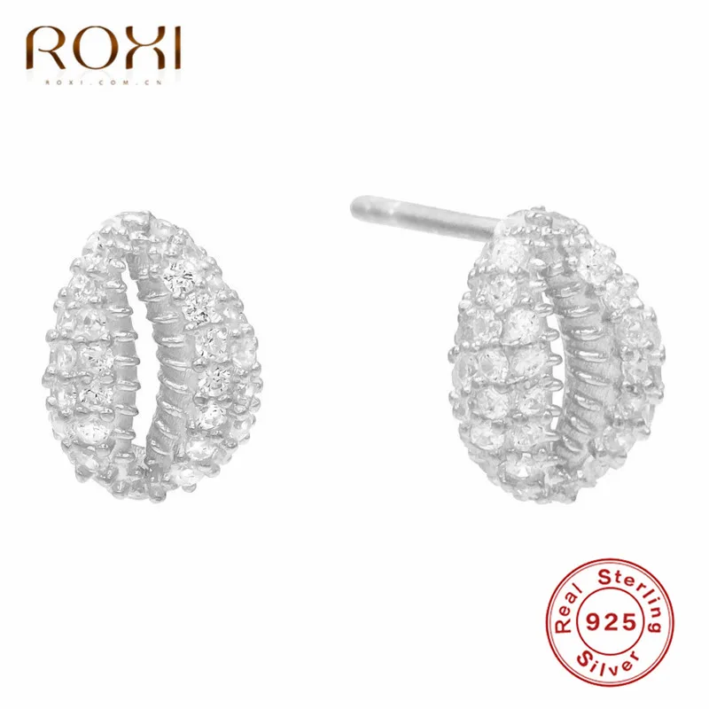 ROXI, модные серьги в виде раковины каури, маленькие радужные CZ серьги-гвоздики в виде ракушки для женщин, ювелирные изделия в стиле бохо, 925 пробы серебряные серьги