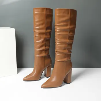 

Boots Women Chunky high Heel Knee High Boots Women Pointed Toe Fold Boots Woman Thick Heel Winter Shoes woman size 41 42 43