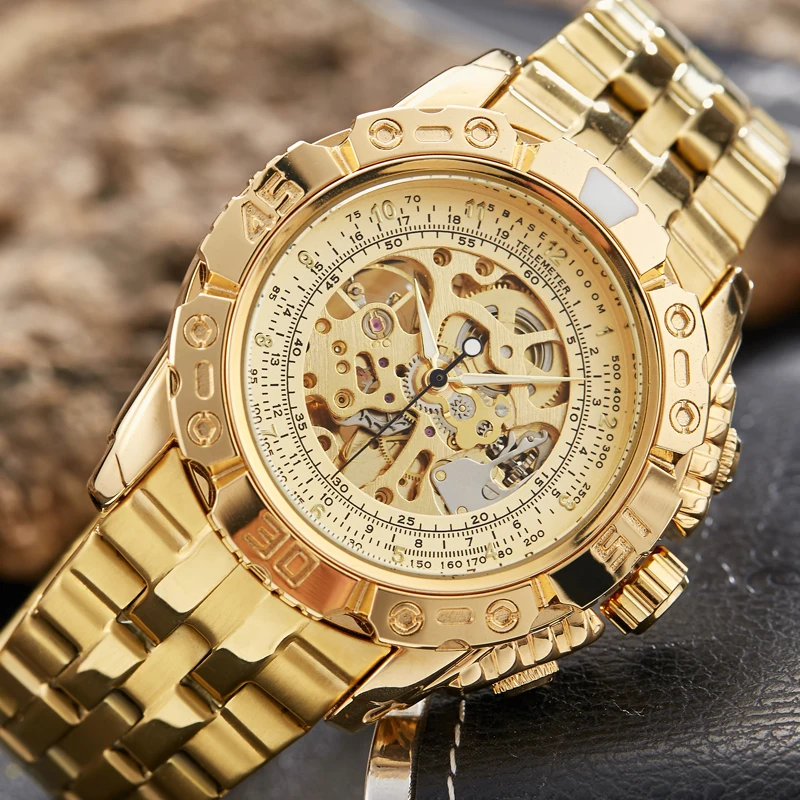 Luxury Gold Skeleton Automatic Mechanical Watches Men Wristwatch Big Dial Stainless Steel Black Clock Luminous Hands Male Reloj