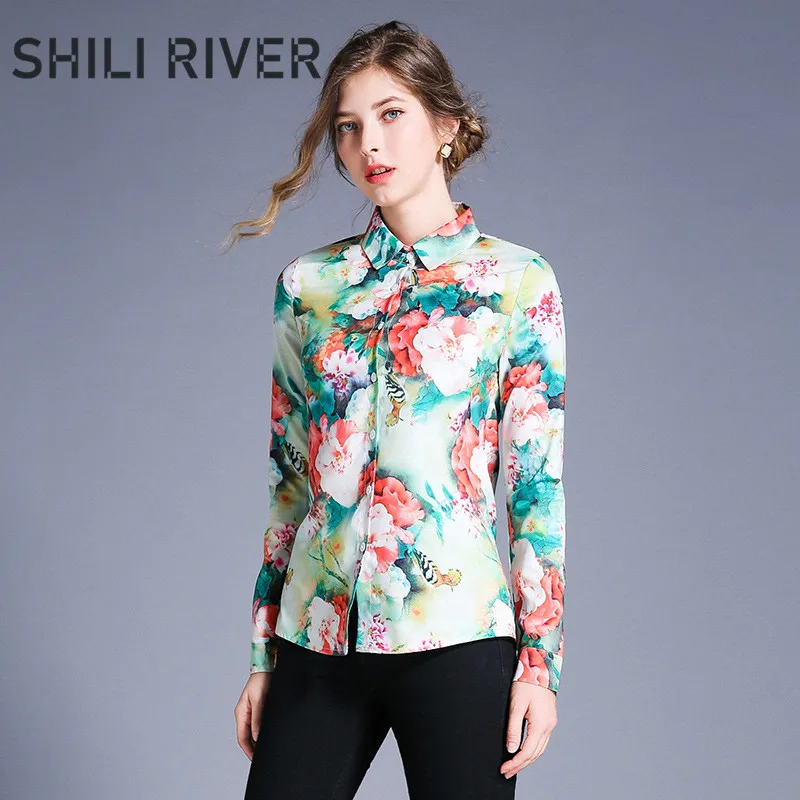  2020 new spring autumn runway designer tops for women long sleeve blouse slim casual print flower c