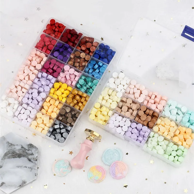 Sealing Wax Beads Sealing Wax Beans Wax Seal Beads DIY Wax Material Multicolor Lacquer wax octagonal paint sealing wax particle grid plastic box 200/375/600pcs
