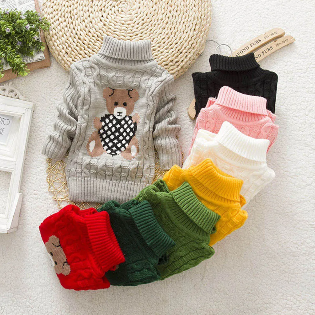 

Baby Cute Bear Print Winter Boys Girls Thick Knitted Bottoming Turtleneck Shirts Baby Kids High Collar Pullover Toddler Sweater