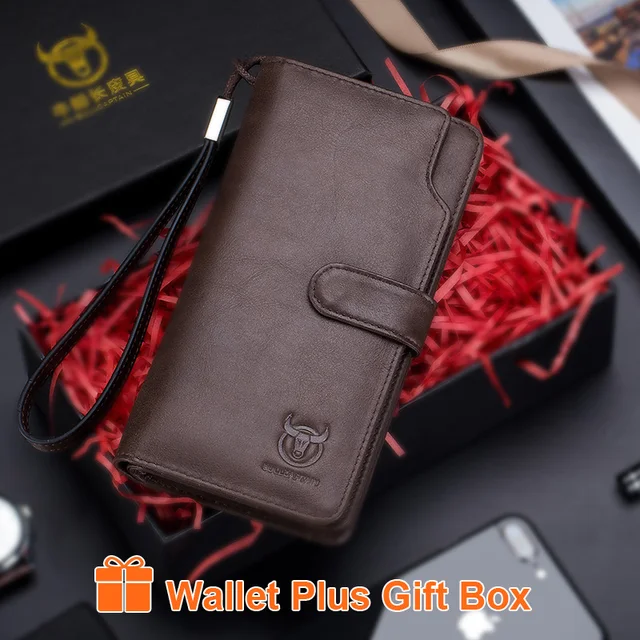 BULLCAPTAIN Men Long Wallet Clutch Bag Credit Card Holder Purses Carteras Billetera Hombre Leather Money Portfe Carte Coffee with box