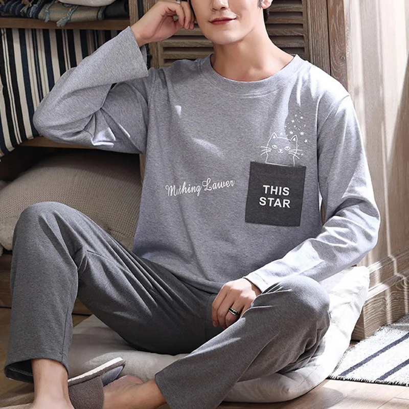 white pajama pants Cotton Long Sleeve Pajamas Set For Men Cute Green Cartoon Male Sleepwear Autumn Warm Casual Home Clothes Lattice Pants Pijamas black pajama pants