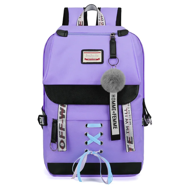 Холст большой емкости Usb школьные сумки для девочек подростков рюкзак для женщин Bookbags Зеленый средней школы колледжа подростковый школьный рюкзак для девочек - Цвет: Лаванда