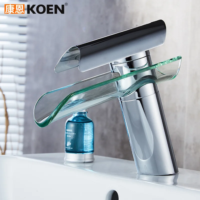 

Copper Basin Faucet Short-Drop-in Sink Hot And Cold Mixing Faucet Glass Waterfall Tap