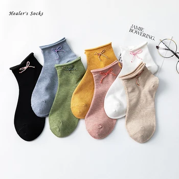 

Funny Fashion Women Socks Cotton Solid Color Bow Harajuku City Non-slip Cool Cute Japanese College Style Happy Girl Short Socks