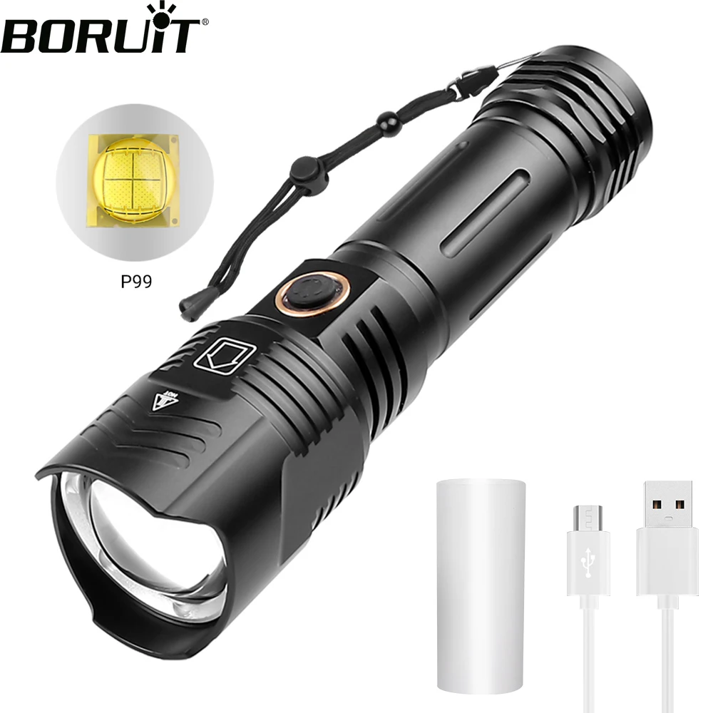 

BORUiT P99 Powerful LED Flashlight 2000LM 5-Mode Zoom Rechargeable Torch Waterproof Power Bank Lantern Camping Hunting Fishing