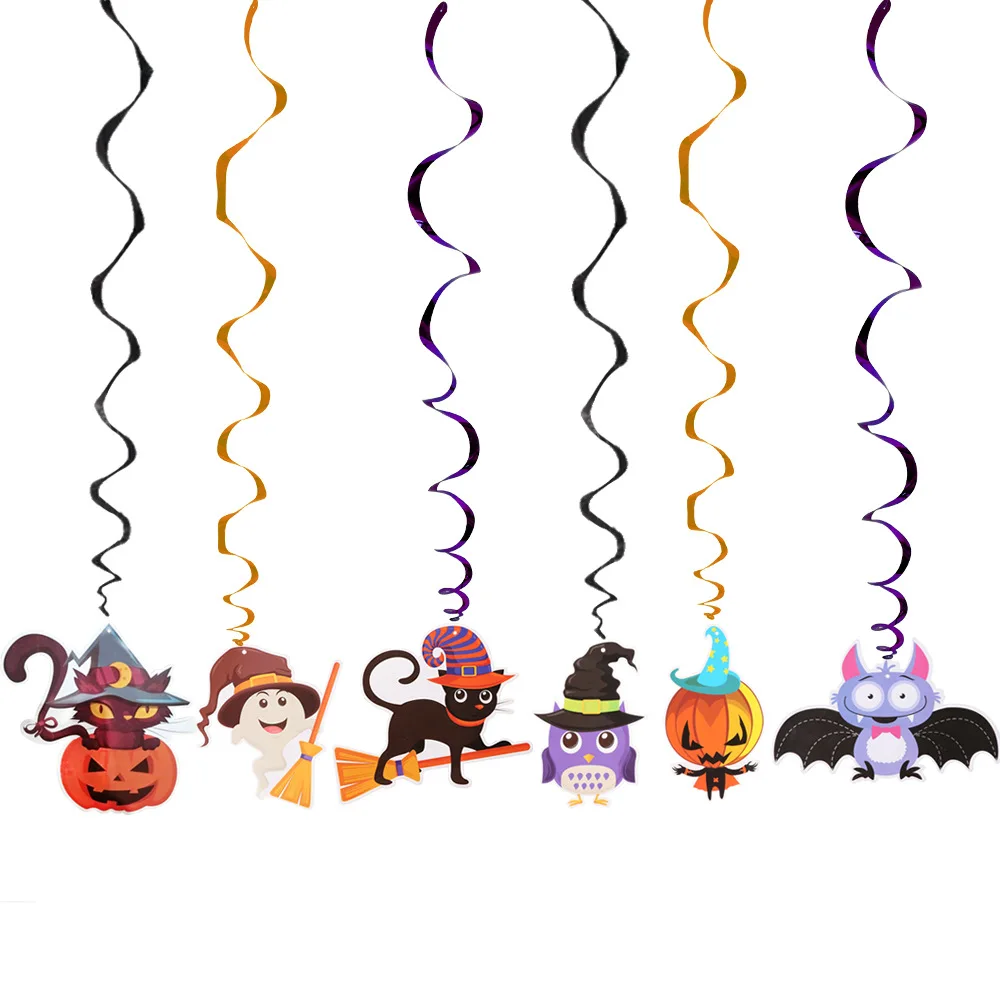 

6pcs/set Halloween Party Cartoon Witch Ghost Pumpkin Shaped Swirl Spiral Foil Banner Party Spiral Hanging Garland Decorations 8z