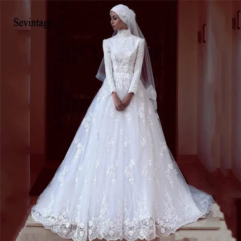 Sevintage мусульманские свадебные платья с высоким воротом и длинным рукавом Vestido De Noiva кружевные аппликации Arabia Свадебные платья со шлейфом