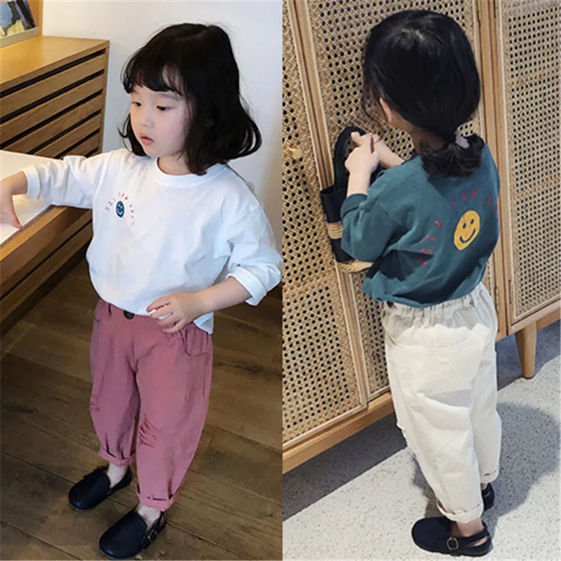 

Spring Autumn boys cartoon smiling face T shirts girls cotton all-match casual Tees Tops kids clothes