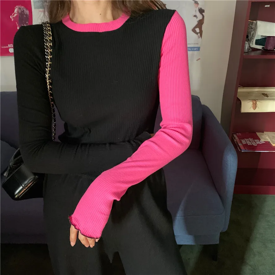 3colors autumn korean style knitted tops color patchwork slim long Sleeve t-shirt Womens Casual Tees shirt femme(R99931