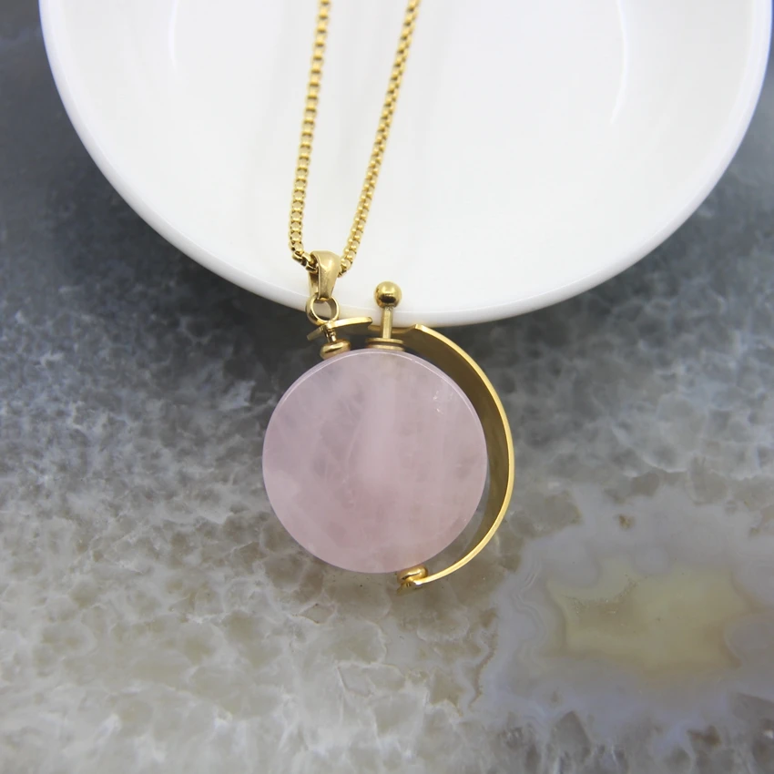Round Shape Chakra Rose Quartzs/AmethystsPerfume Bottle Pendant Necklace,Healing Lemon Crystal Essential Oil Diffuser Vial